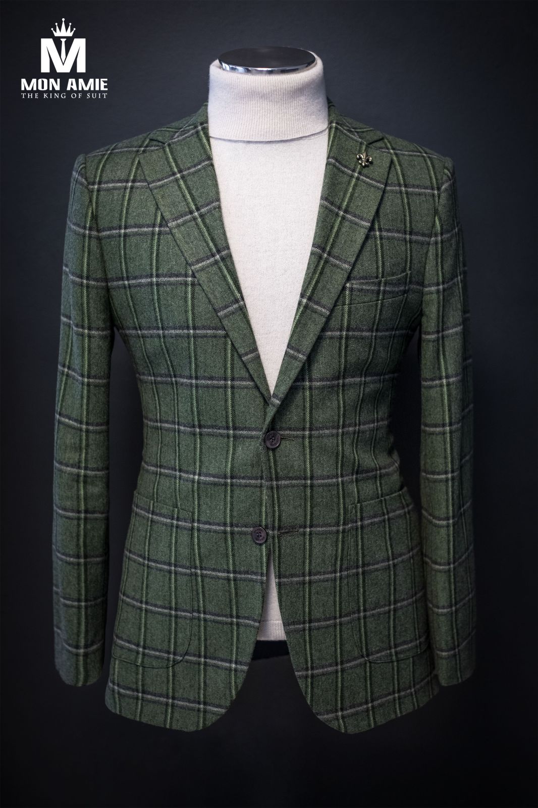 Mix Plaid On Army Green Blazer With Patched Pockets